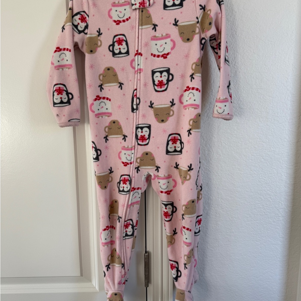 Carter's Pink Festive Footie with Reindeer and Penguin Print